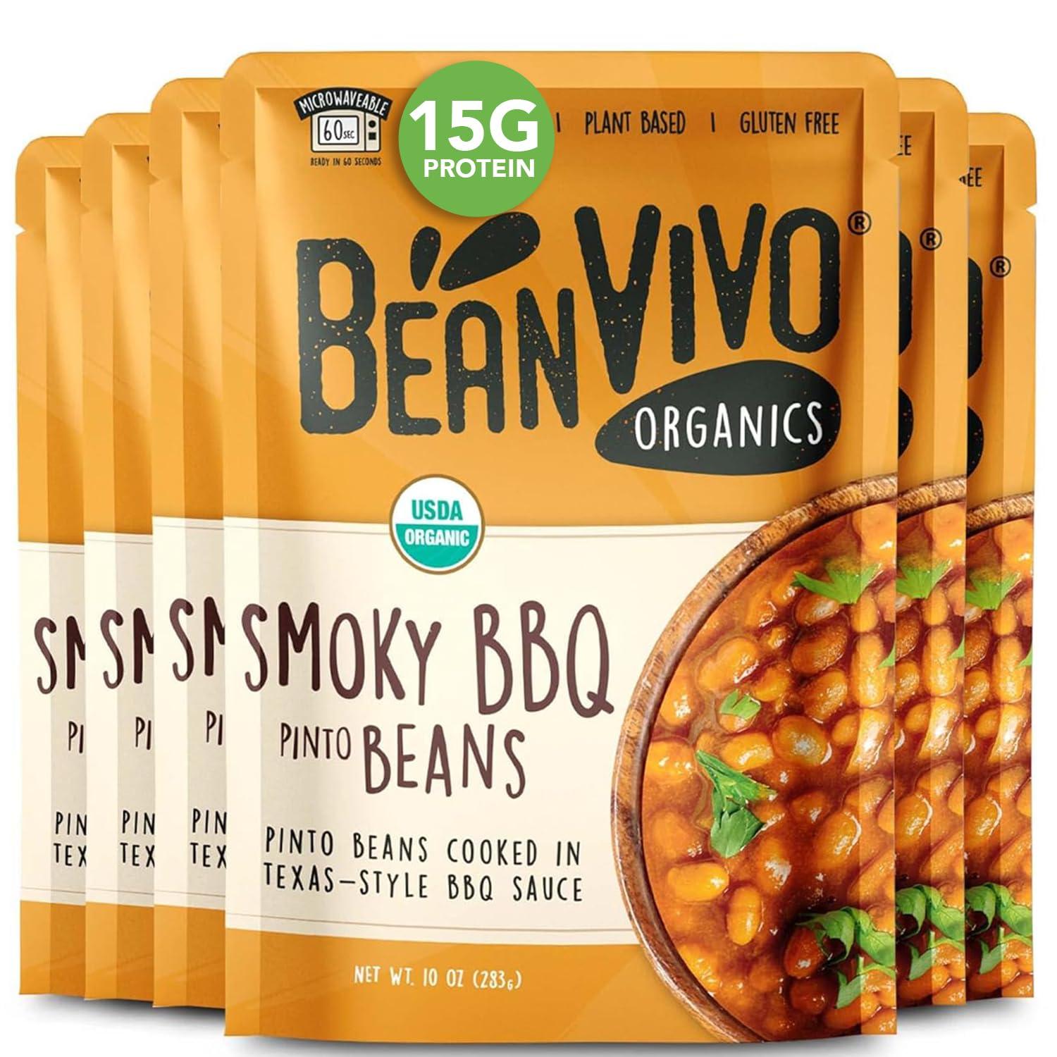 BeanVivo BeanVIVO (Pack of 6) Organics Plant based Protein BBQ Pinto Beans - Good Source of Fiber - Nutritious & Microwave Meals - Gluten-Free Plant Food - 10 oz