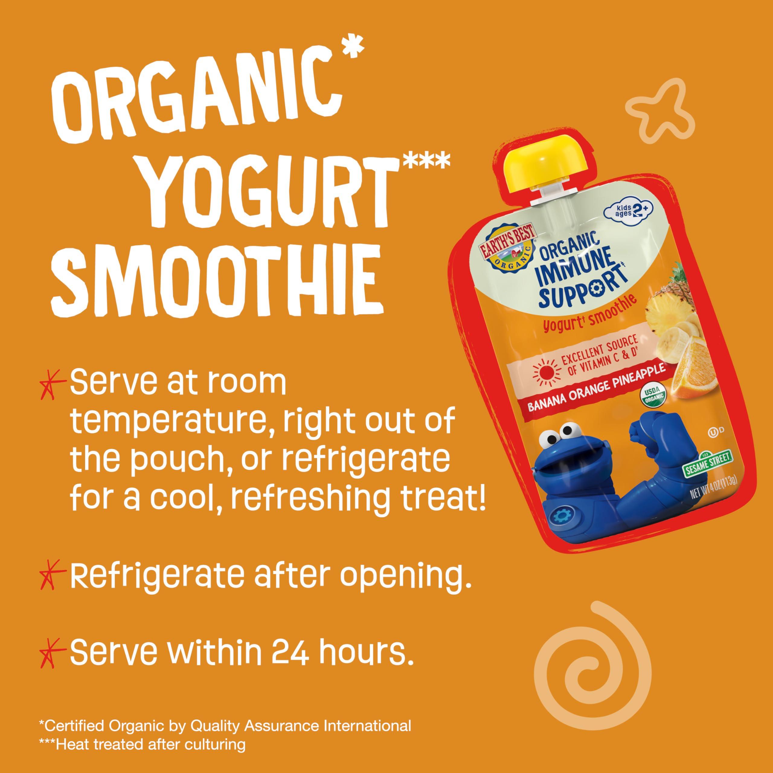 Earth\'s Best Earth\'s Best Organic Kids Snacks, Sesame Street Toddler Snacks, Immune Support Fruit Smoothie for Toddlers 2 Years and Older, Pineapple Orange Banana, 4 oz (Pack of 12)
