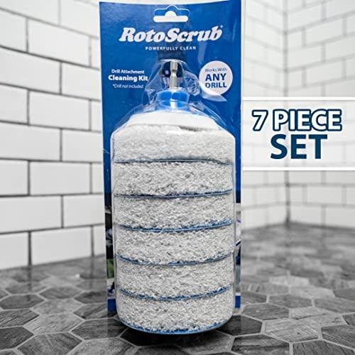 RotoScrub RotoScrub 7 Pack Multi-Purpose Drill Brush Kit for Cleaning Bathrooms, Showers, Tubs, Tile, Floors, Sinks, Toilets, Grout and Grime Removal, Reversible Blue and White Scrub Pads