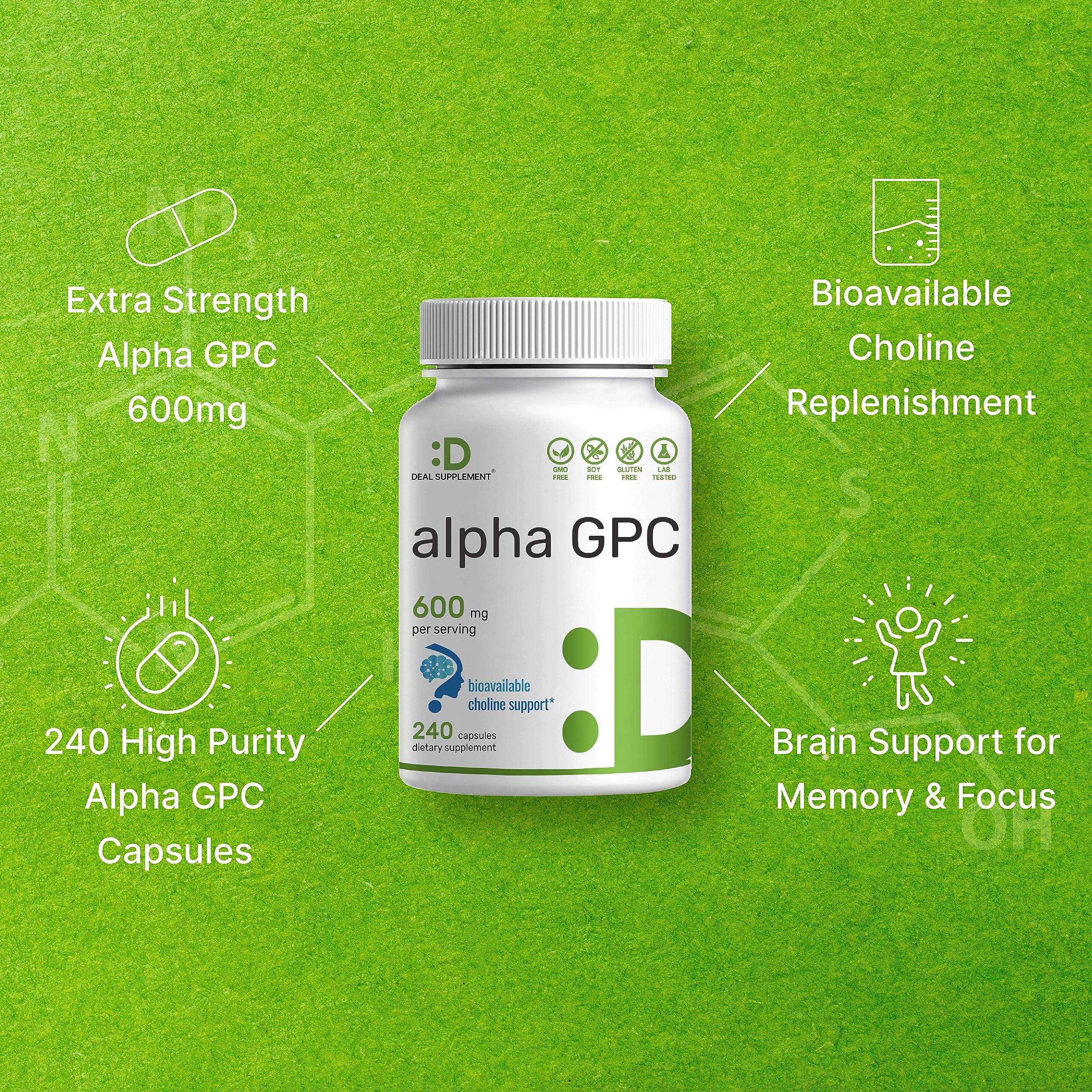 DEAL SUPPLEMENT DEAL SUPPLEMENT Alpha GPC 600mg Per Serving, 240 Capsules Bioavailable Choline Replenishment Nootropic Brain Health Supplements for Memory and Focus Non-GMO, Gluten Free