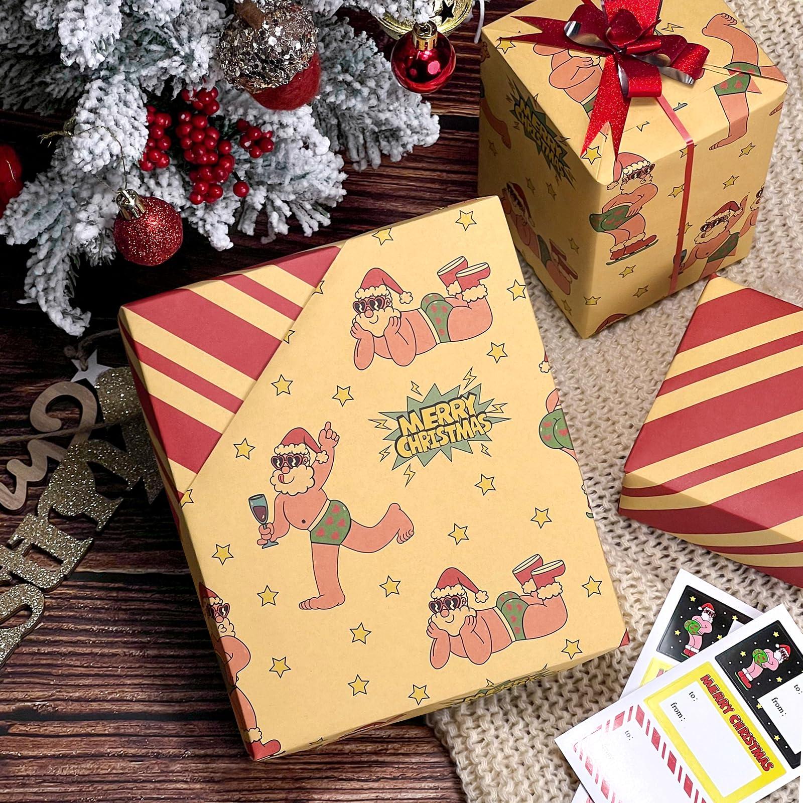 EWES EWES Kraft Christmas Wrapping Paper Brown Set Funny Rolls vintage Santa Claus For Kids Cute Cartoon Thick Gift Wrap Sheets Unique Retro Heavy Duty Reversible Fun Total 28.5sq.ft