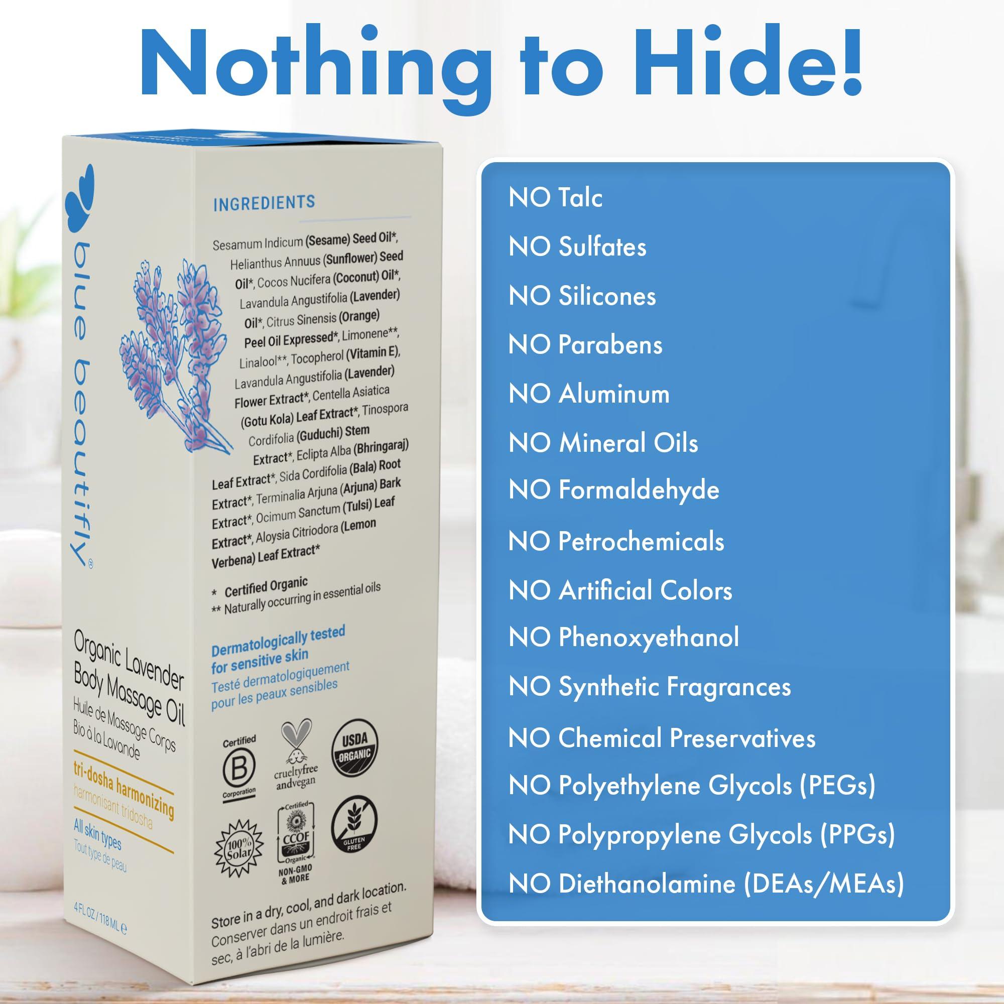 Blue Beautifly Blue Beautifly USDA Certified Organic Lavender-Infused Body Oil For Women and Men | Super Moisturizing for Skin. Super Calming for Mind. | Harmonizes Doshas with Ayurvedic Botanical Extracts | 4 fl oz