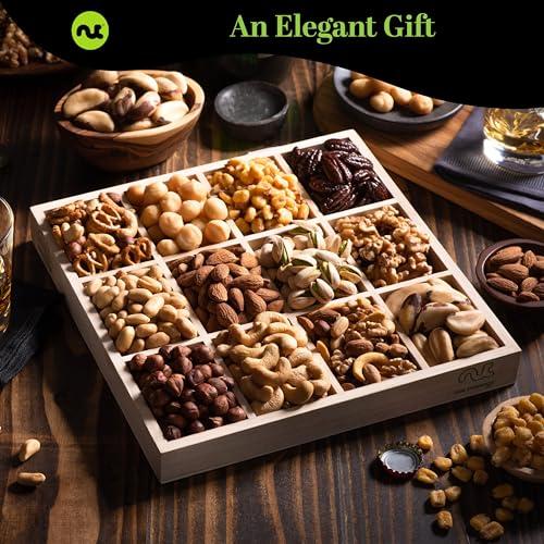 Nut Cravings NUT CRAVINGS Gourmet Collection - Thank You Nuts Gift Basket with TY Ribbon + Greeting Card in Reusable Wooden Tray (12 Assortments) Food Platter Appreciation Care Package Kosher