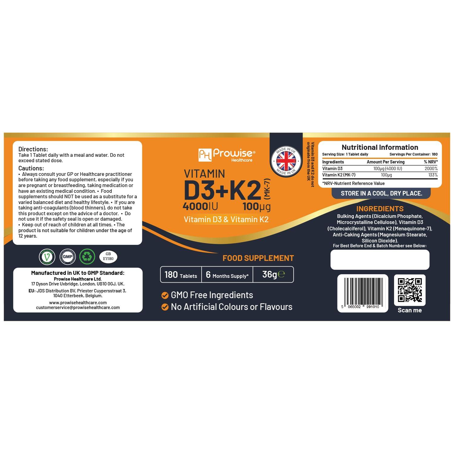 PH PROWISE Healthcare Vitamin D3 4000IU & K2 MK7 100g Vegetarian Tablets I 180 (6 Months Supply) I Easy to Swallow Supplement for Immune Support, Calcium Boost, Bone & Muscle I Made in The UK by Prowise Healthcare