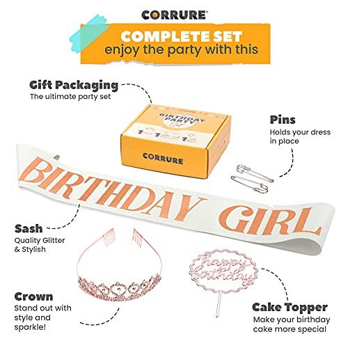 CORRURE CORRURE 'Birthday Girl' Sash, Rhinestone Tiara, and Cake Topper Set - Happy Birthday White Glitter Sash and Crown for Women's Sweet 16, 18th 21st 25th 30th 40th 50th or Any Other Bday Party