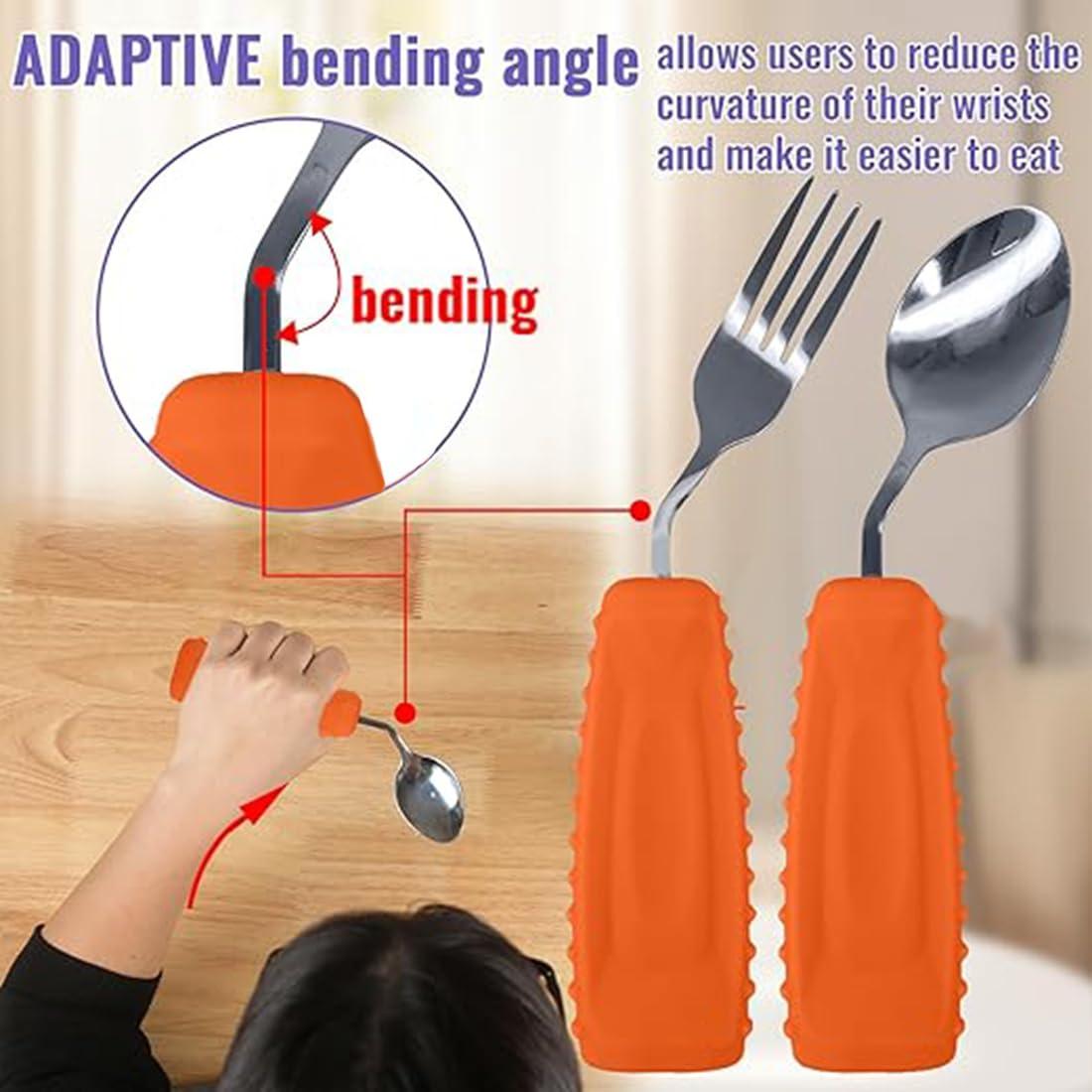 Ehucon Ehucon Adaptive Utensils,Weighted Angled Silverware,Parkinsons Aids,Angled Silverware Spoon and Fork Set for Elderly, Arthritis, Dementia, Disable, Handicapped Hands (Left Hand,Pack of 2,Orange)