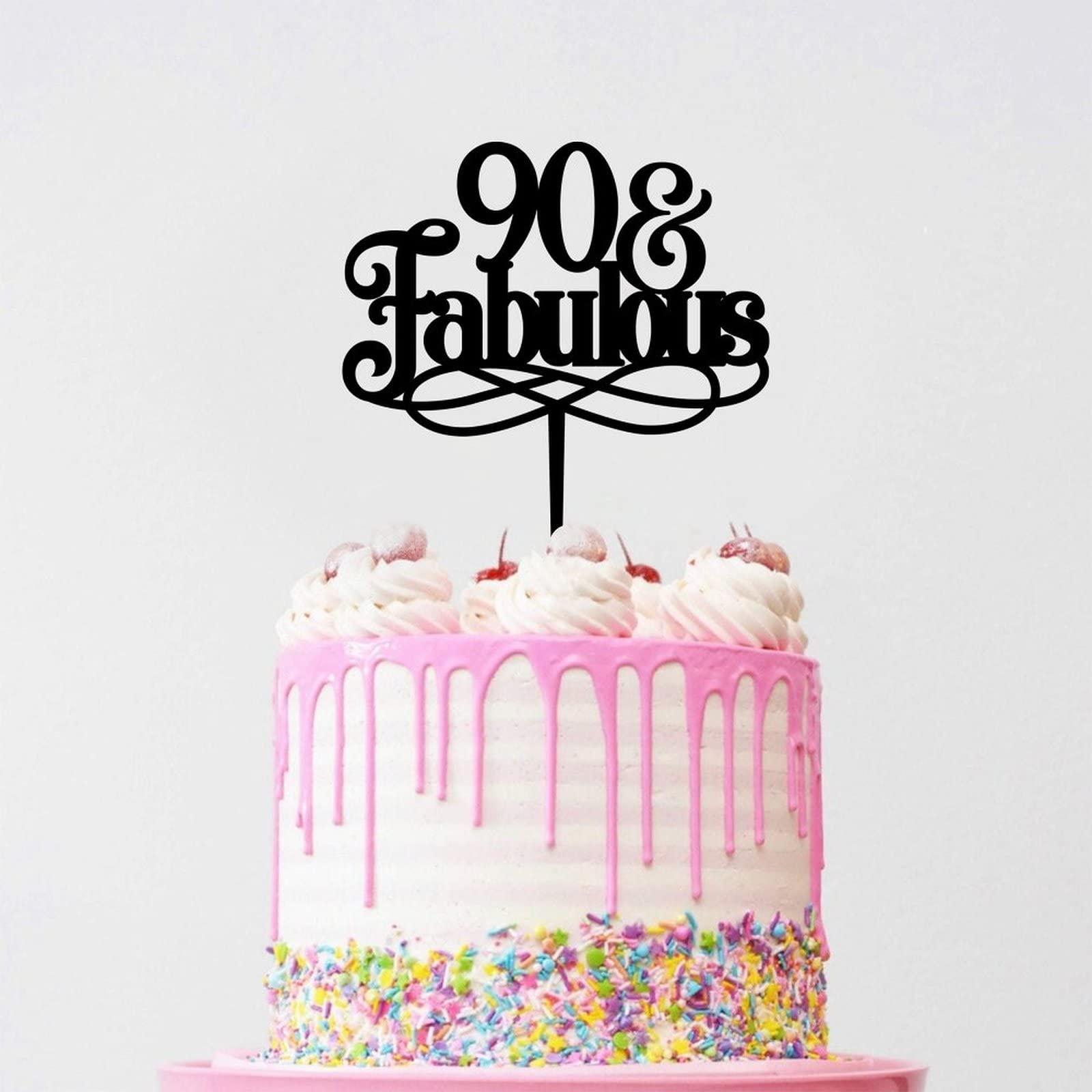 WengBeauty 90 & Fabulous Cake Toppers Black Acrylic 90th Birthday Party Decoration Ideas Happy Birthday Cake Topper Personalized Age Birthday Cake Topper Birthday Anniversary Party Decorations