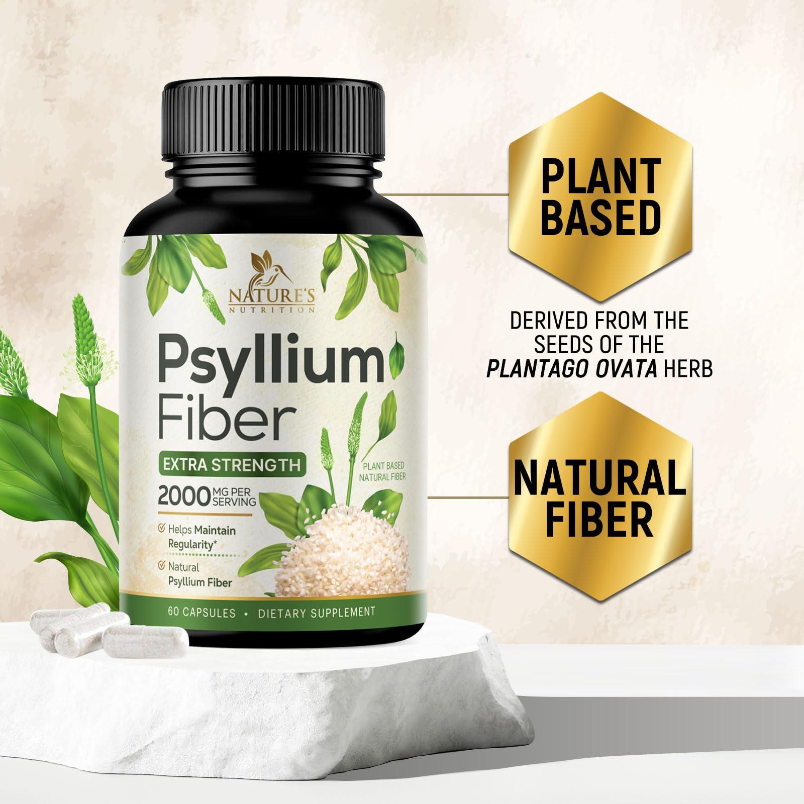 Nature's Nutrition Psyllium Husk Capsules 1500mg, Natural Daily Soluble & Insoluble Fiber, Psyllium Husk Powder Fiber Caps Supports Digestion Colon Health & Regularity, Non-GMO Gluten Free Supplement - 60 Veg Capsules