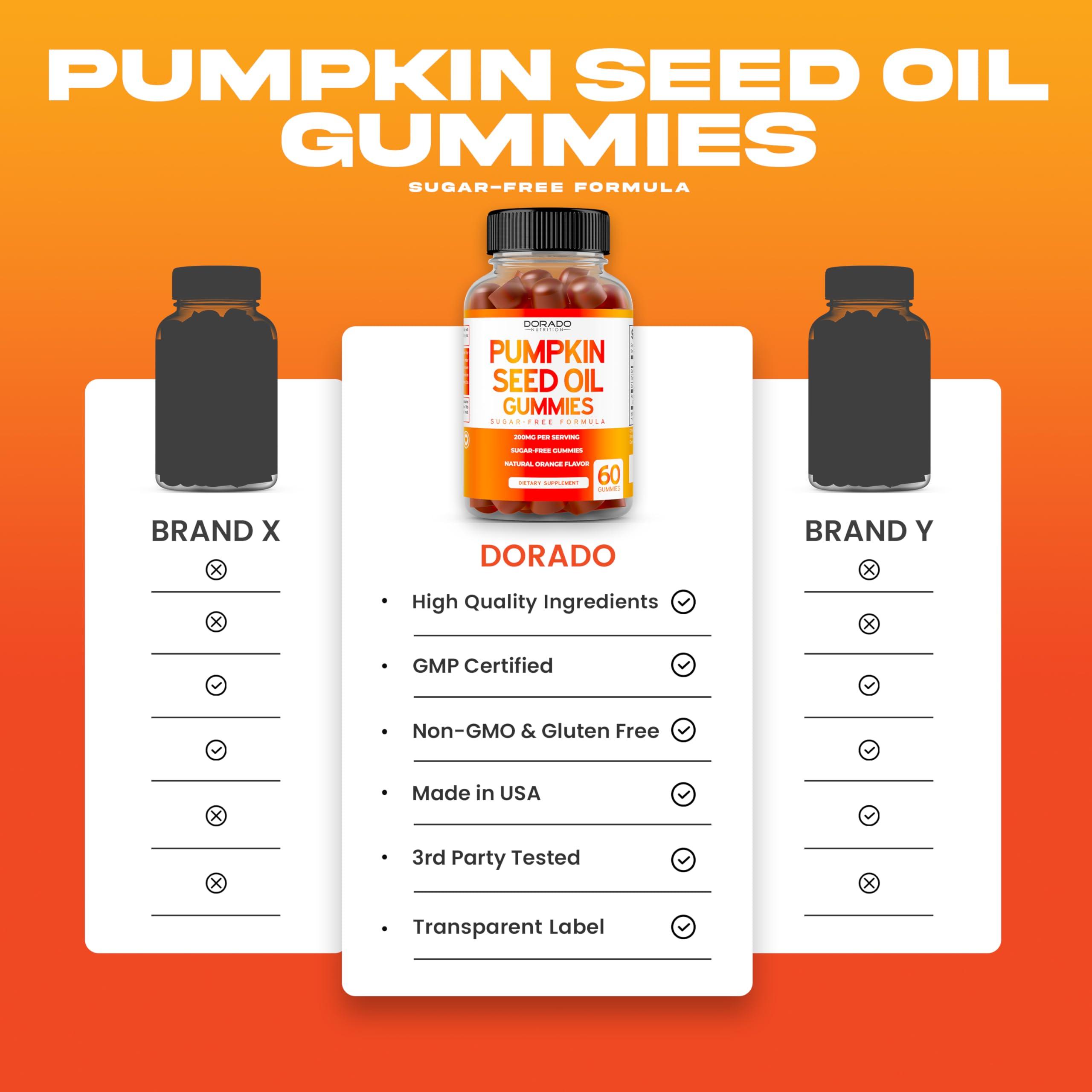DORADO NUTRITION Pumpkin Seed Oil Gummies - 4,000mg Pumpkin Seed Oil For Hair Growth and Bladder Control - Sugar Free Gummy - Delicious Orange Flavor - Non GMO - Gluten Free - Vegan Supplement - (60 Count)
