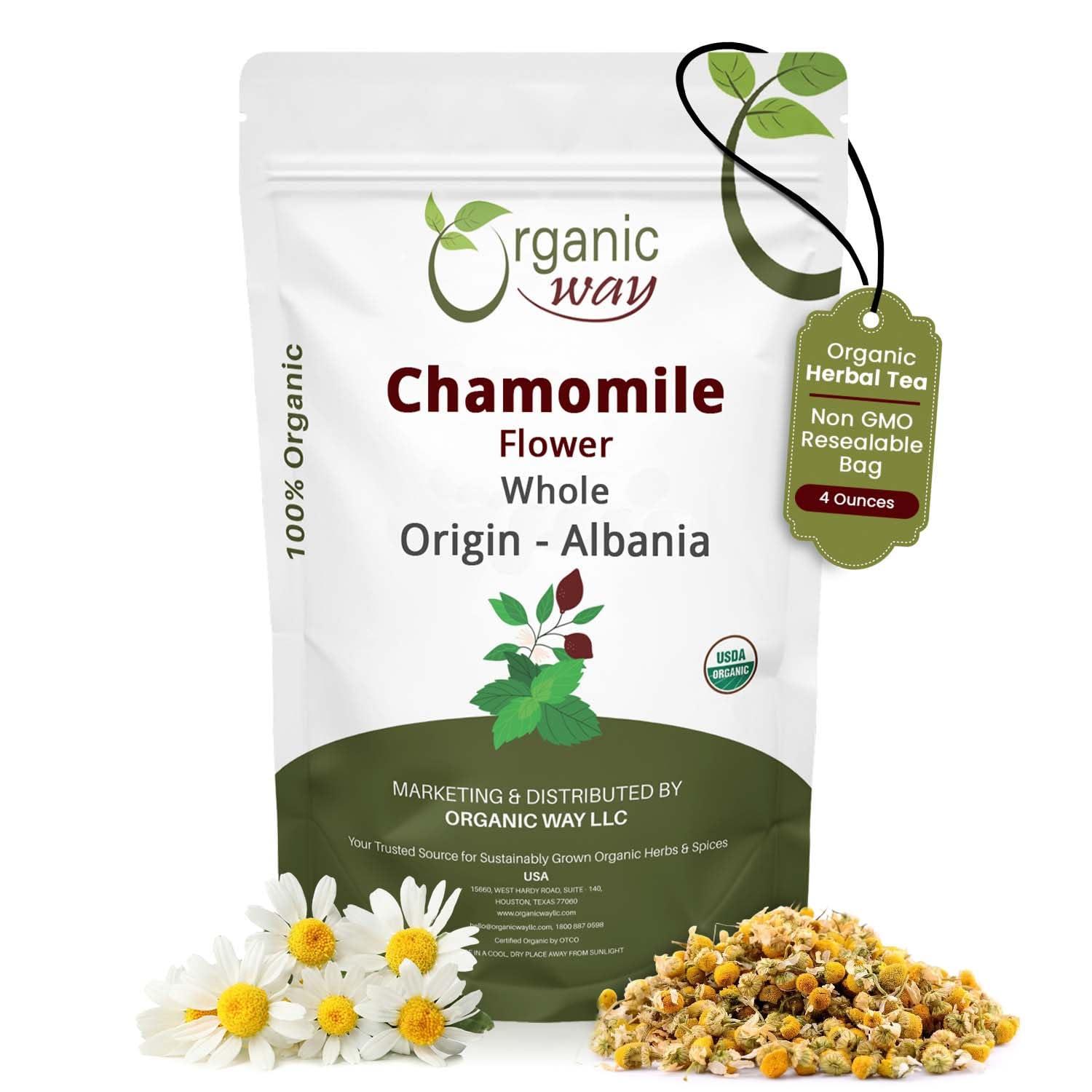 Organic Way Organic Way Chamomile Flower Whole (Matricaria chamomilla) - Herbal Tea | European Wild-Harvest | Kosher & USDA Certified | Vegan, Non-GMO & Gluten Free | 100% Raw from Albania (1/4LBS / 4Oz.)