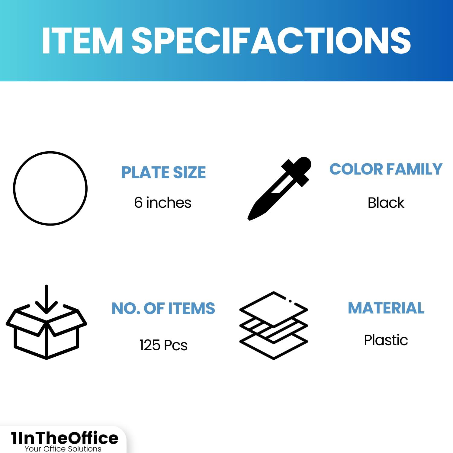 1InTheHome 1InTheHome Plastic Plates 6 Inch, Round Plastic Plates Black 6 Inch Diameter, Black Plates Disposable, Pack of 125