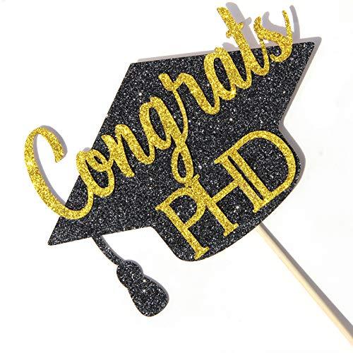 INNORU INNORU Glitter Congrats PHD Cake Topper - Congrats Grad - PHD Graduation Party Decorations Black Gold