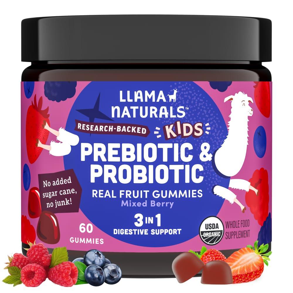Llama Naturals Llama Naturals Real Fruit Prebiotic & Probiotic Kids Gummies, No Added Sugar Cane, Children Digestion, Toddler Tummy Aches, Gut Health, 2B CFU, Mixed Berry, 60 ct (30-60 Days)