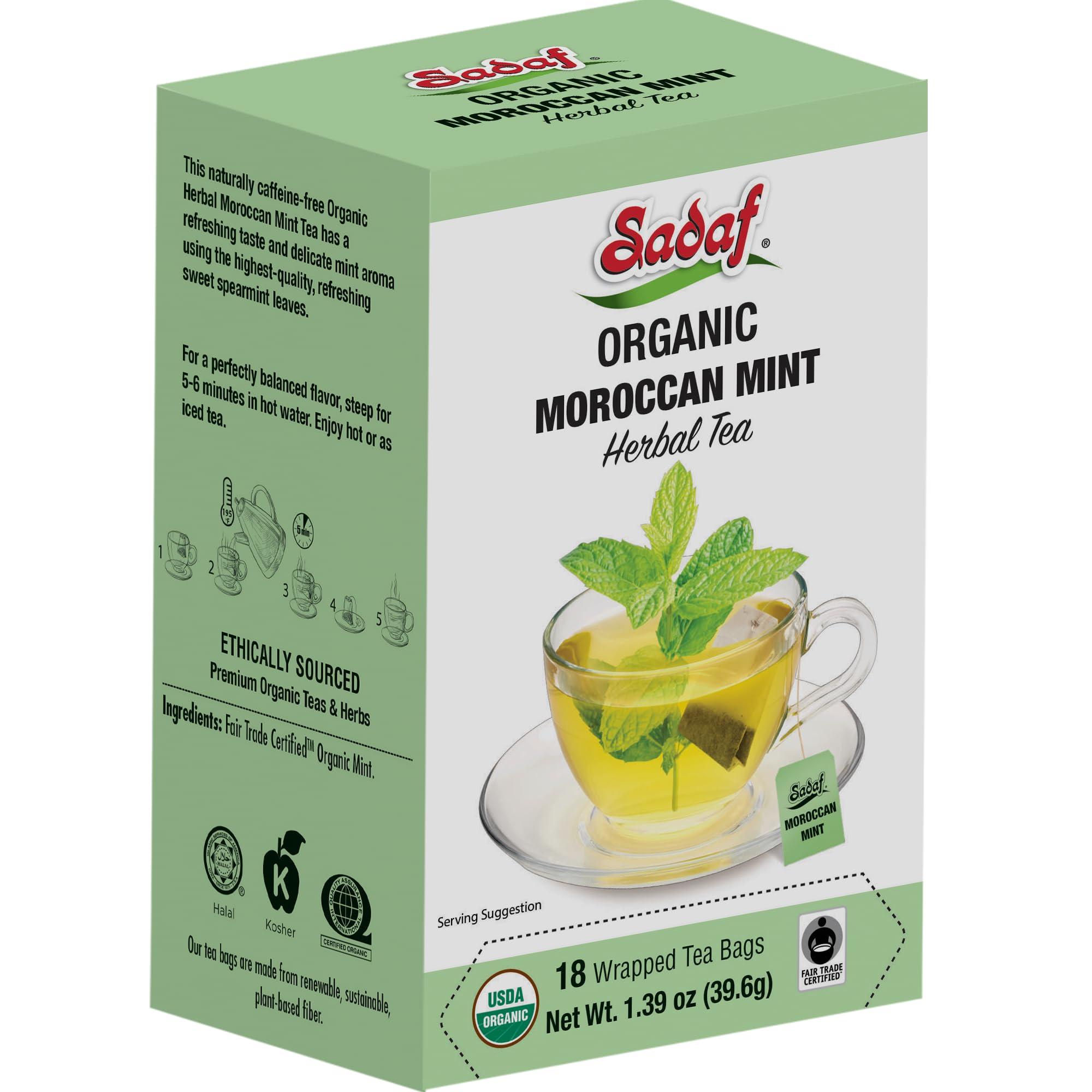 Sadaf Sadaf Organic Moroccan Mint Tea - Mint Tea Bags - Ideal for Hot or Iced Tea - Organic Herbal Tea - Kosher - 18 Wrapped Tea Bags