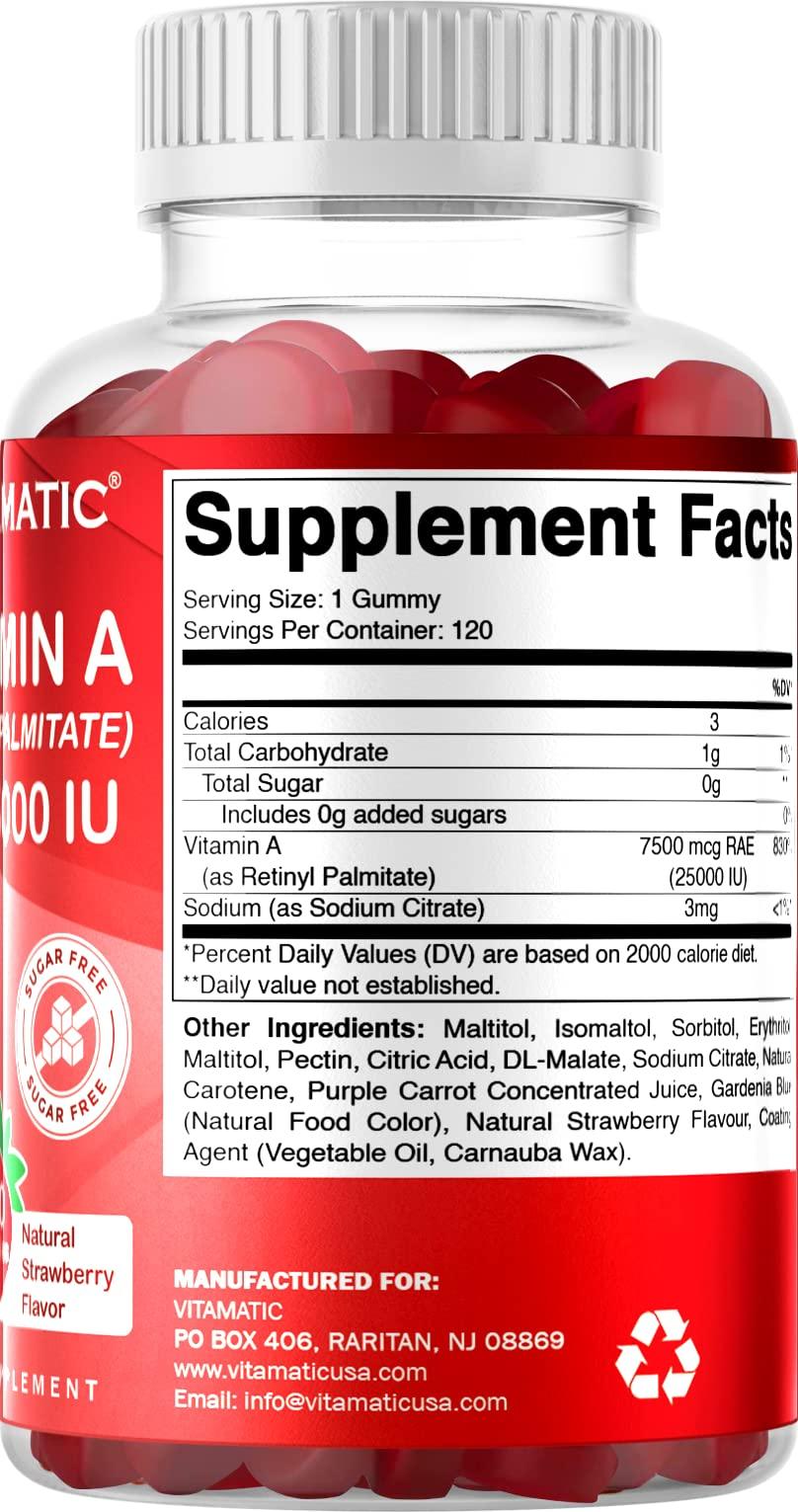Vitamatic Vitamatic Sugar Free Vitamin A 25000 IU Gummies (Retinyl Palmitate) - Natural Strawberry Flavor - 120 Pectin Based Gummies (1 Bottle)