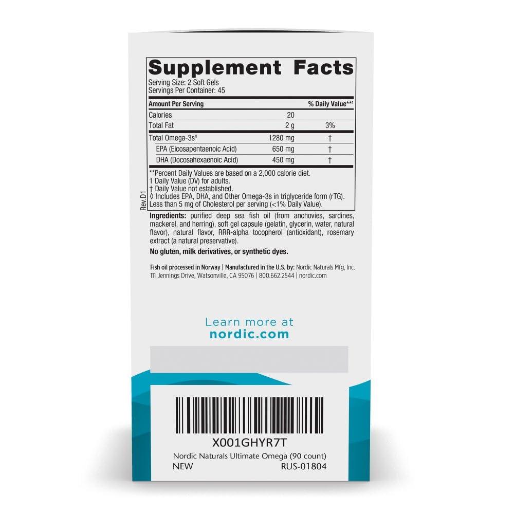 Nordic Naturals Nordic Naturals Ultimate Omega, Lemon Flavor - 90 Soft Gels - 1280 mg Omega-3 - High-Potency Omega-3 Fish Oil Supplement with EPA & DHA - Promotes Brain & Heart Health - Non-GMO - 45 Servings