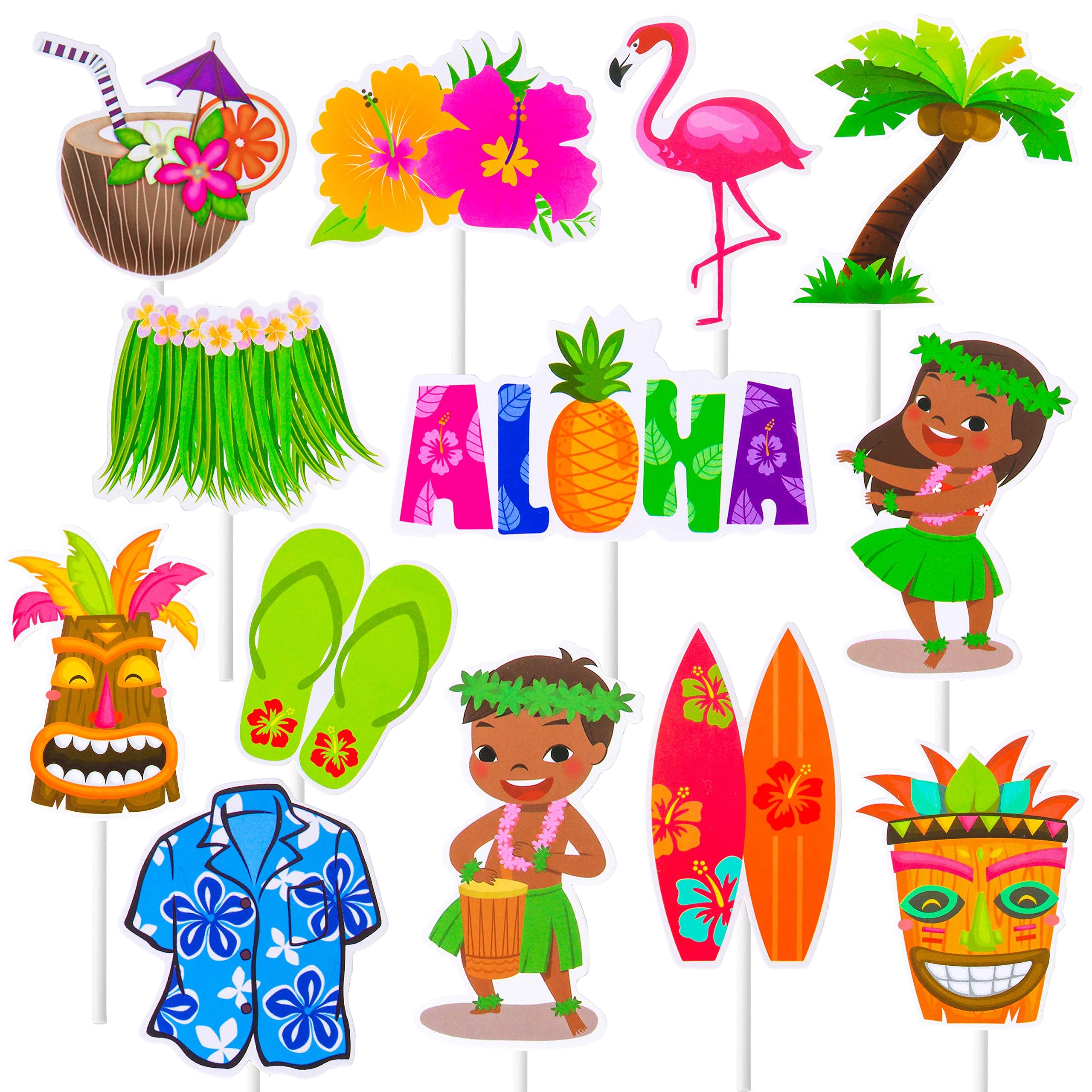 C L cooper life 32 Pcs Hawaii Aloha Luau Cupcake Toppers Hawaiian Tropical Summer Theme Birthday Party Cake Decorations with Palm Leaves Flamingo Tiki Coconut Pattern