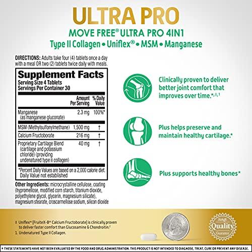 Move Free Move Free Ultra Pro with Quadruple Action Joint Support - Type 2 Collagen MSM Calcium Fructoborate & Manganese - Supports Joint Cartiliage Bone Connective Tissue, 120 Tablets (30 servings)