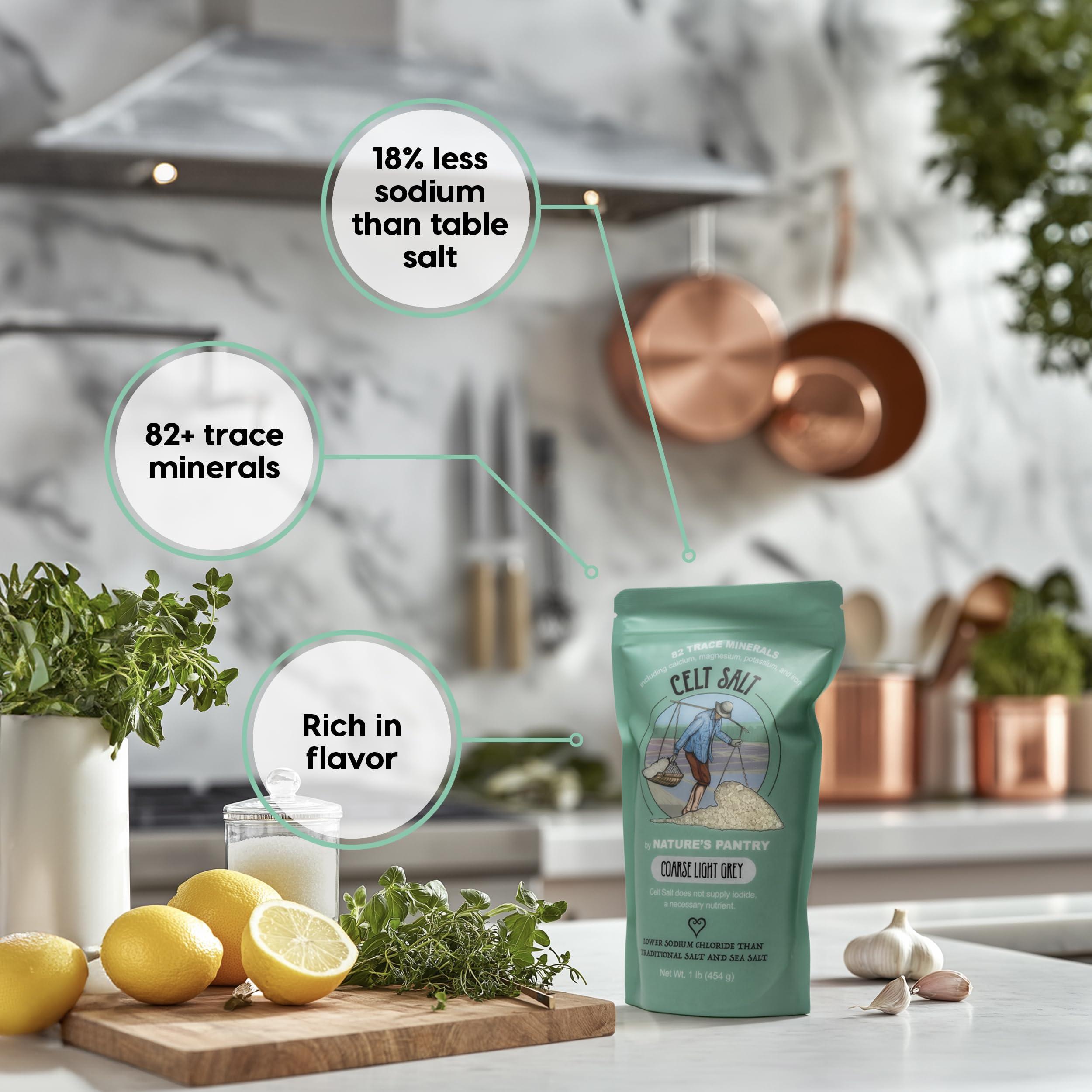 Celt Salt by Nature\'s Pantry Celtic Salt Light Grey Coarse, Celt Salt By Natures Pantry, 82+ Minerals, non-GMO, Organic & Unrefined, Gluten-Free, Authentic, Sal, Hand Harvested, Cooking, Baking, Pickling, Electrolytes, Healthy Seasoning,1 lb (16oz) Bag