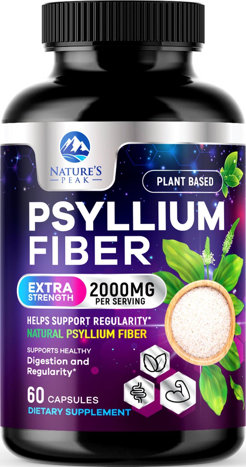 Nature\'s Peak Psyllium Husk Powder Caps 1500mg - Non-GMO, Natural Soluble Fiber for Daily Digestive Health & Regularity Support, Vegan Psyllium Fiber Supplement with Plant Based Fiber, Sugar Free - 60 Capsules
