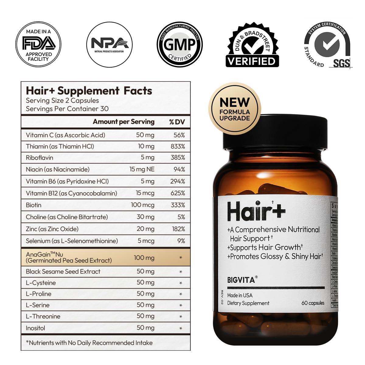 BigVita BigVita Hair Growth Supplement, Lab Tested for Thicker, Fuller Hair, Faster Growth with AnaGain Nu, Black Sesame Extract, Biotin, For Women & Men, Vegan, Made in USA 2 Month Supply