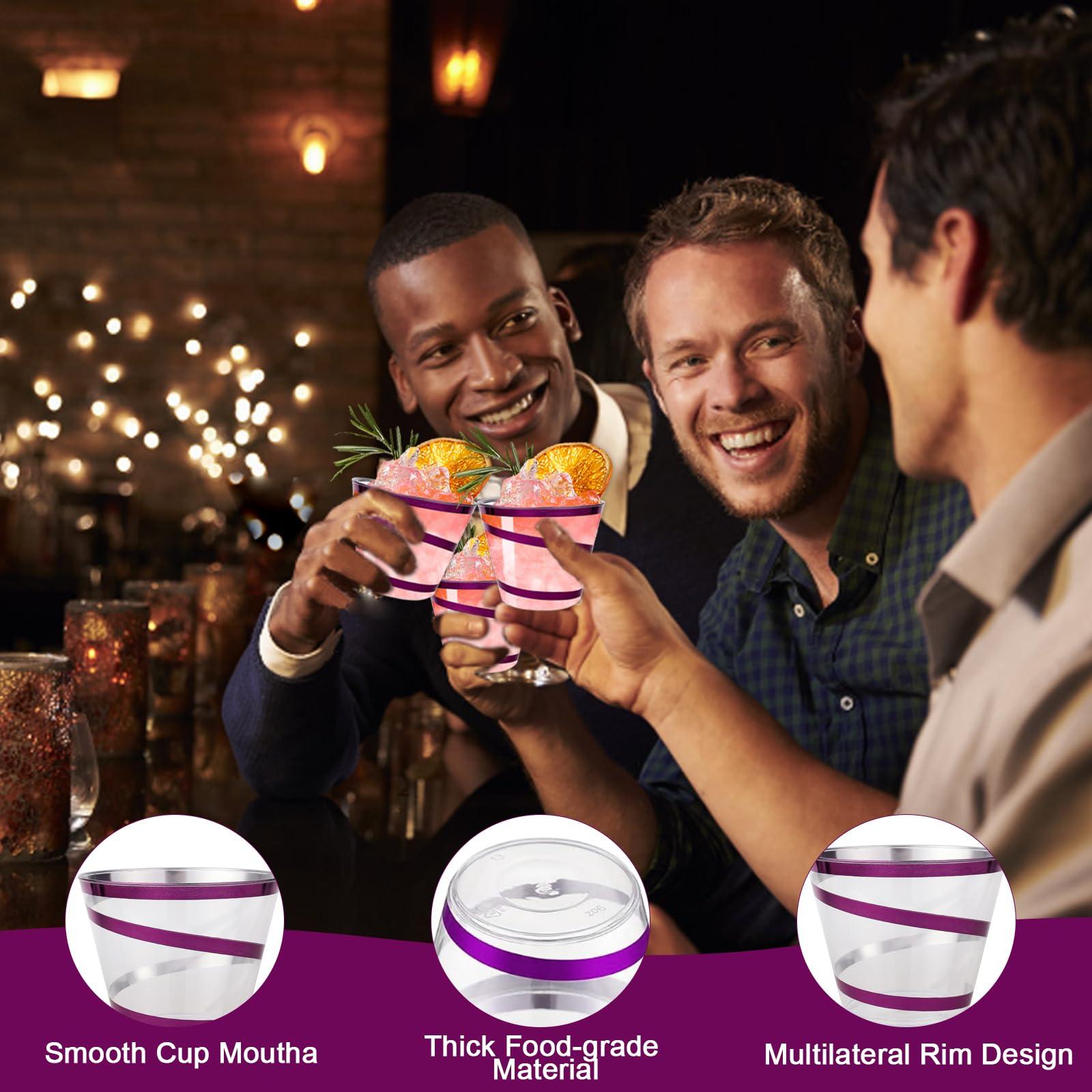 Agolctry 100Pcs 9 oz Rimmed Swirl Purple Plastic Cups Disposable Clear Cups for Halloween Christmas Party Plastic Drinking Cups Cocktail Wine Glasses for Elegant Wedding and Single Party Supplies (Purple)