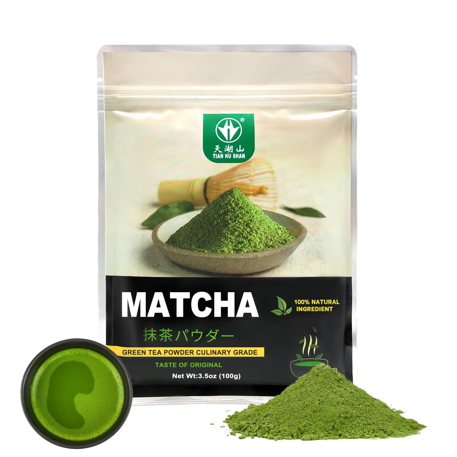 Tian Hu Shan TIAN HU SHAN Matcha Green Tea Powder 3.5oz/100g, Pure Matcha Powder Culinary Grade Unsweetened for Lattes, Cooking, Baking, Vegan 100% Natural