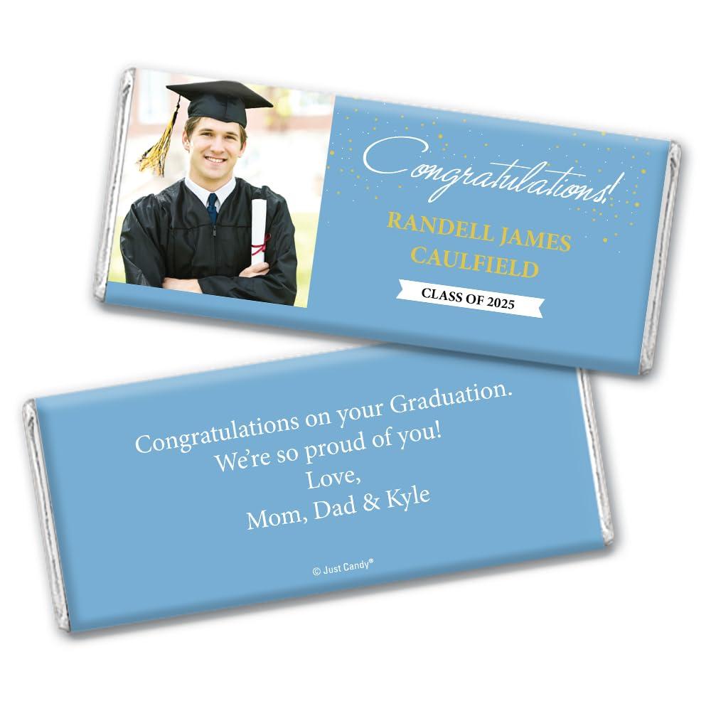 Just Candy 36ct Personalized Graduation Party Favors Engraved Chocolate Bars with Photo - Congrats (36 Count) - Baby Blue