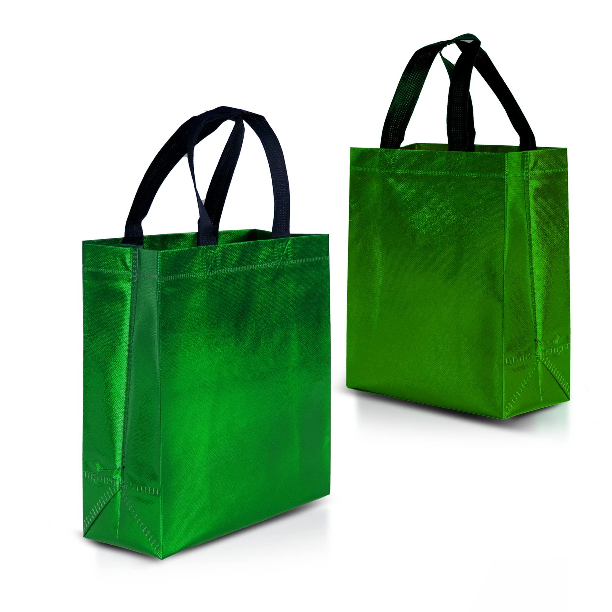 Nush Nush Nush Nush Green Gift Bags Medium Size Set of 12 & 60 Shiny Green Reusable Gift Bags With a Glossy Finish - Perfect As Goodie Bags With Handles, Christmas Gift Bags, Party Favor Bags 8Wx4Dx10H Size