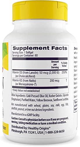 Healthy Origins Healthy Origins Vitamin D3 & K2 - Vitamin D3, 50 mcg - Vitamin K2, 200 mcg - Easily Absorbable Vitamin D & Vitamin K Supplements - Non-GMO & Gluten-Free Supplements - 60 Softgels