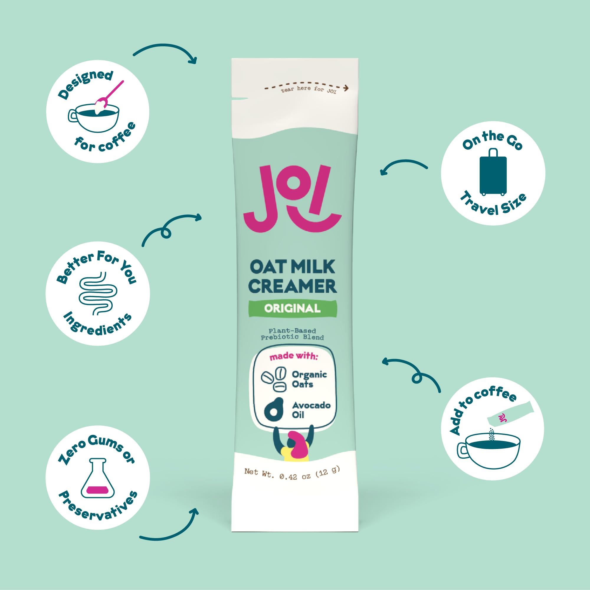 JOI Oat Milk Coffee Creamer, Sweetened 10ct Carton by JOI - Superfood, Vegan, Dairy Free, Plant Based, Kosher, Shelf-Stable, Barista, Fortified with Calcium. Use in Coffee or Protein Shakes. Single Serve.