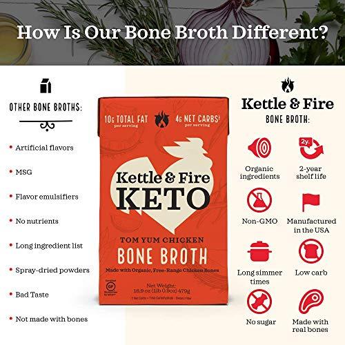 Kettle & Fire Tom Yum Chicken Keto Bone Broth, Chicken by Kettle and Fire, Keto Diet, Paleo Friendly, Gluten Free, with Collagen, 4g Net Carbs, 6g of Protein (Pack of 6)