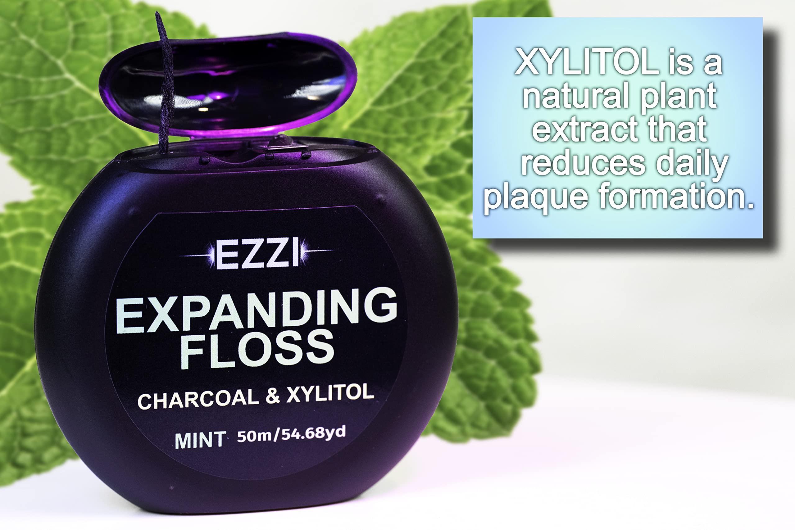 EZZI EZZI Woven Expanding Dental Floss | Naturally Waxed & Textured w/Charcoal & Xylitol to Optimally Clean Gums | Mint | Thick & 109 Yards