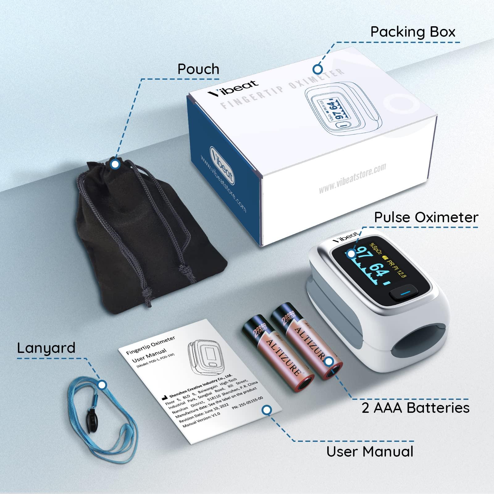 Vibeat Vibeat Bluetooth Fingertip Pulse Oximeter with Pulse Rate, Blood Oxygen Saturation Monitor | Finger O2 Meter, Batteries and Lanyard Included, Free APP, FSA/HSA Eligible