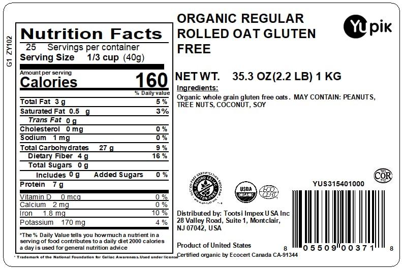 Yupik Yupik Organic Gluten-Free Rolled Oats, 2.2 Lb, Whole Grain, Perfect For Cooking & Baking (Pack of 2)