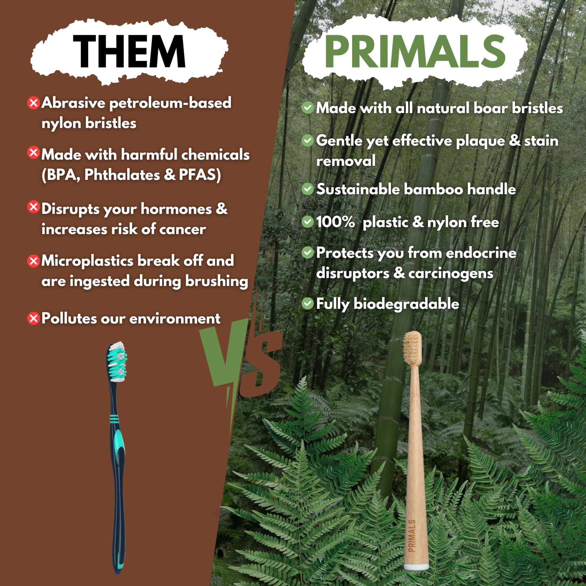 PRIMALS PRIMALS Boar Bristle & Bamboo Toothbrush (4-Pack) - Premium Boar Bristles - Fully Biodegradable - Plastic & Nylon Free - Quick Dry Design