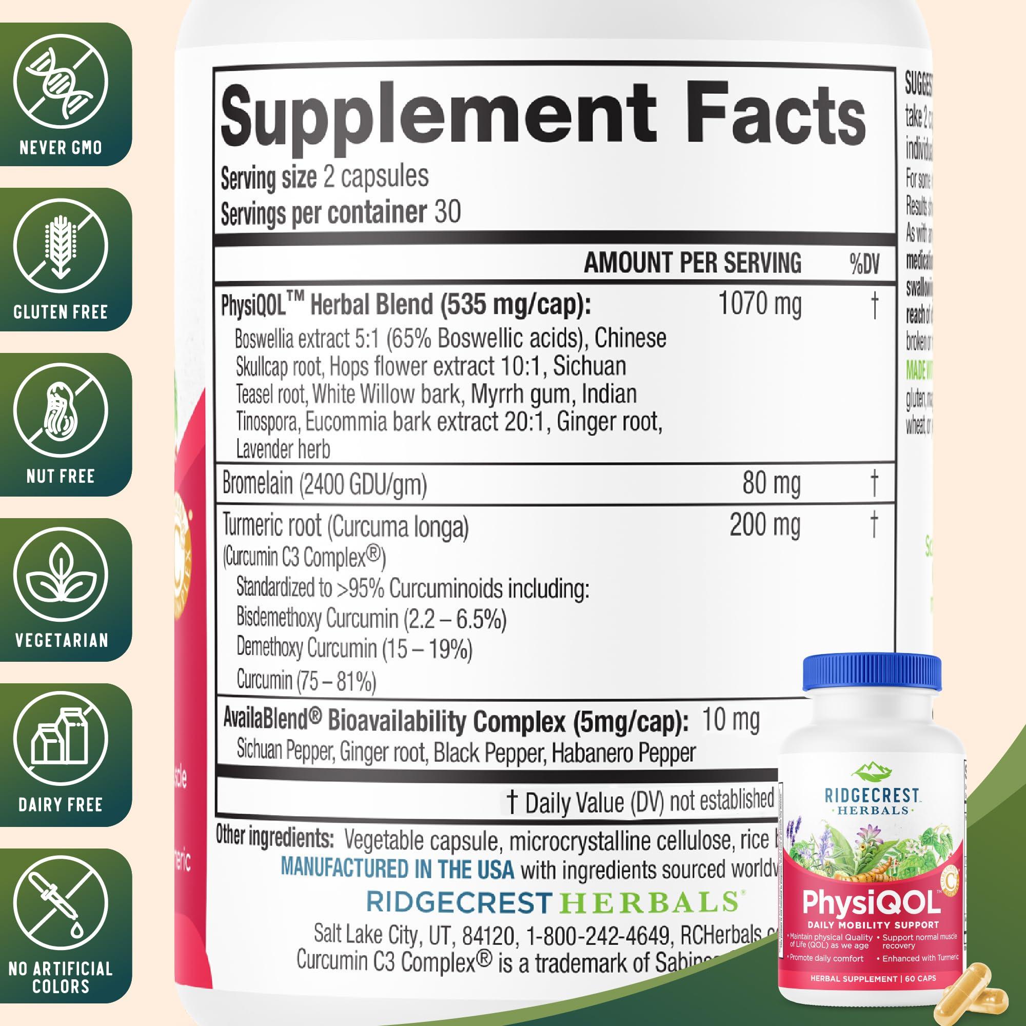 RidgeCrest Herbals Ridgecrest Herbals PhysiQOL, Herbal Supplement with Boswelia and Tumeric (60 Vegan Caps, 30 Serv)