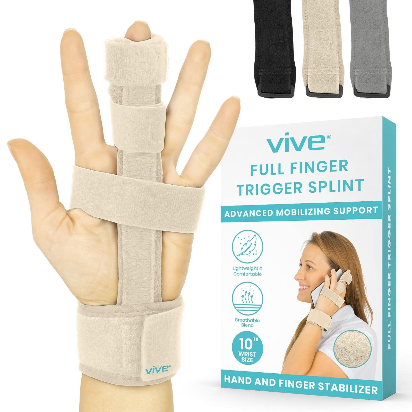Vive Vive Trigger Finger Splint - Full Hand and Wrist Brace Support - Adjustable Locking Straightener - Straightening Immobilizer Treatment For Sprains, Mallet Injury, Arthritis, Tendonitis (Beige)