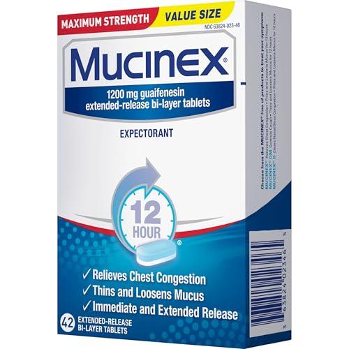 Mucinex Mucinex 12 Hour Maximum Strength 1200 mg Guaifenesin Extended-Release Tablets for Excess Mucus Relief, Expectorant Aids Excess Mucus Removal, Chest Congestion Relief, 42 Tablets