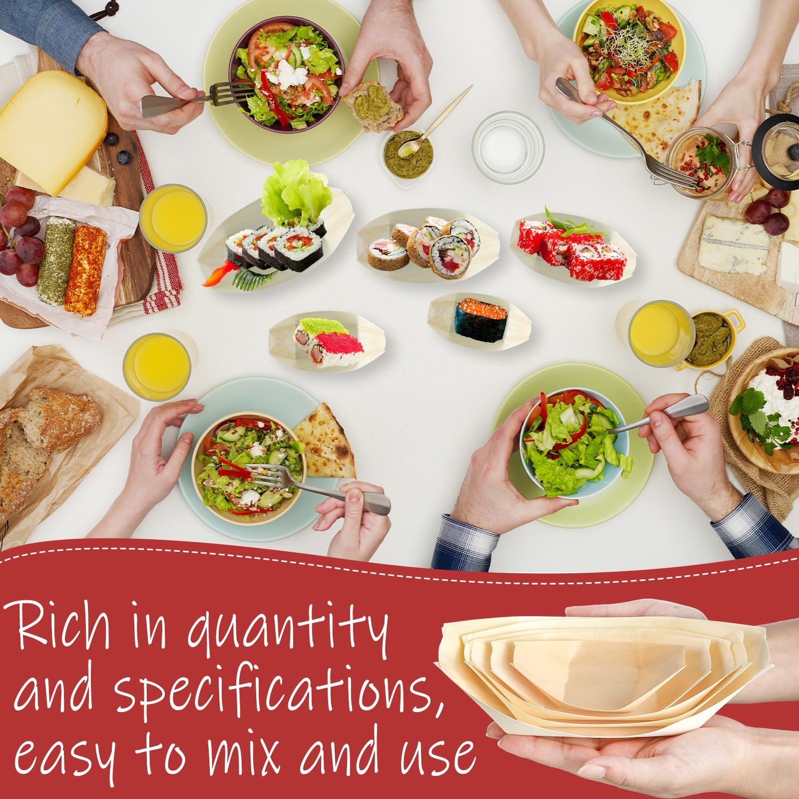 Hoolerry Hoolerry 500 Pcs Disposable Wood Boat Plates Dishes Food Boats Disposable Bamboo Leaf Boat Wooden Boat Dish Sushi Boat Sushi Serving Tray Food Container Wood Bowl for Catering Home (Multiple Sizes)