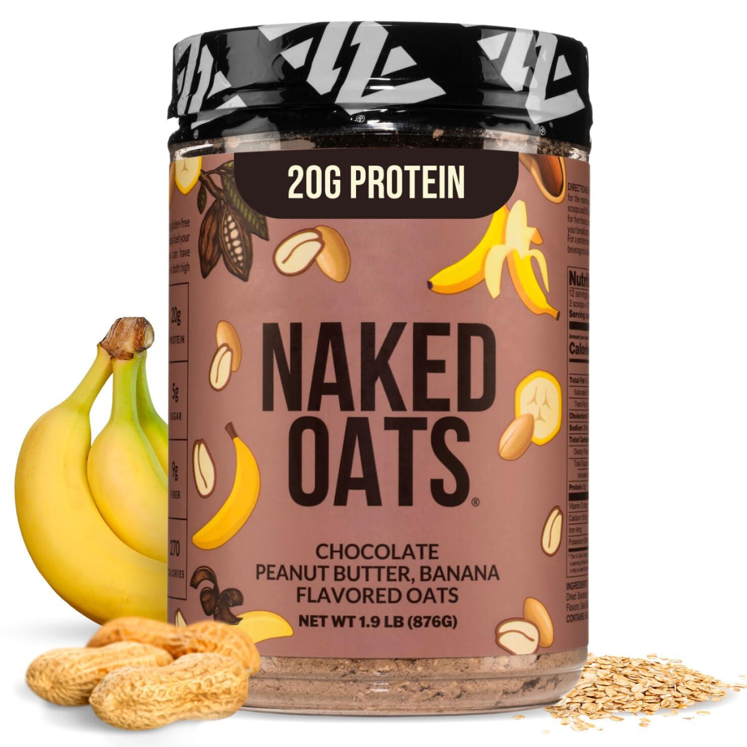 NAKED Naked Oats - Chocolate PB Banana Overnight Oats, 20g Whey Protein, Gluten-Free Oatmeal Instant Breakfast or Shake, High Protein Oatmeal, High Fiber Breakfast Shake, Non GMO, No Soy - 12 Servings