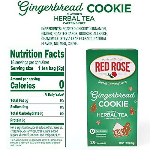 Red Rose Red Rose Sweet Temptations Dessert Tea Gingerbread Cookie, Zero Carbs, Zero Sugar Bursting with Flavor Caffeine-Free Delicious Beverage Herbal Tea, 18 Count Naturally Flavored Black Tea