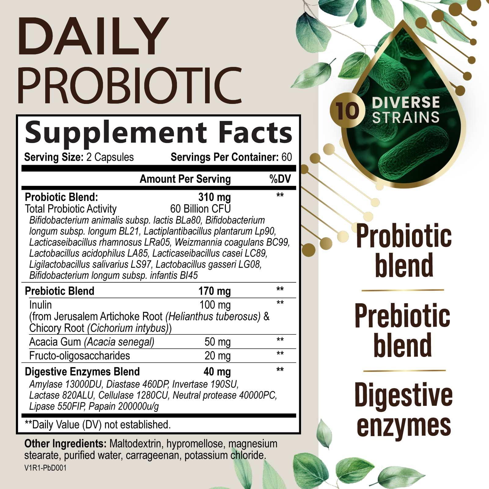 Health Nutrition Naturals Daily Probiotic and Acidophilus Prebiotics Supplement 60 Billion CFU Capsule for Women & Men - 10 Strains Plus Digestive Enzymes - for Bloating Gas & Gut & Immune Health Support - 120 Capsules