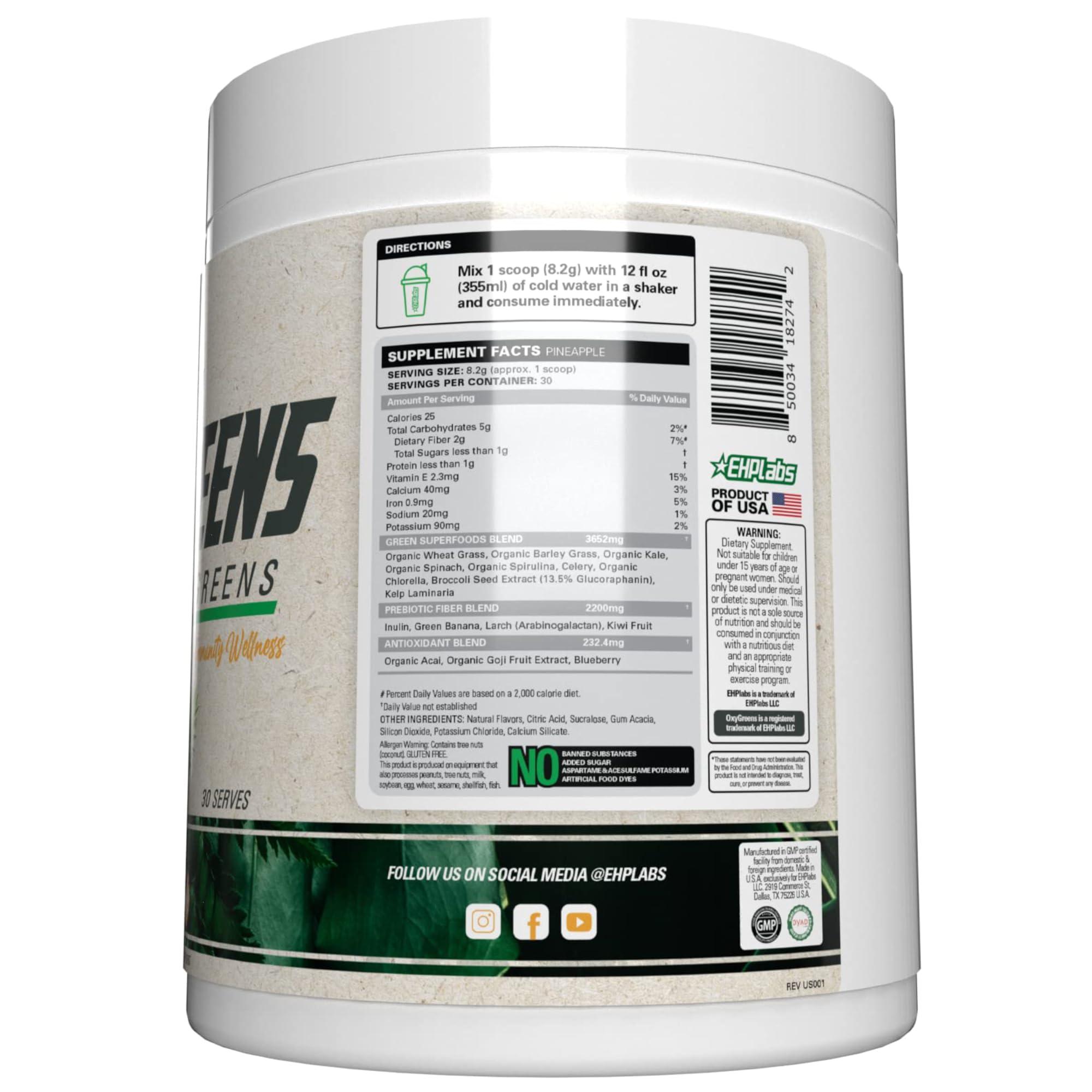 EHP Labs EHPlabs OxyGreens Super Greens Powder - Spirulina & Chlorella Superfood, Green Juice Powder & Greens Supplements with Prebiotic Fibre, Antioxidants & Immunity Support, 30 Serves (Pineapple)