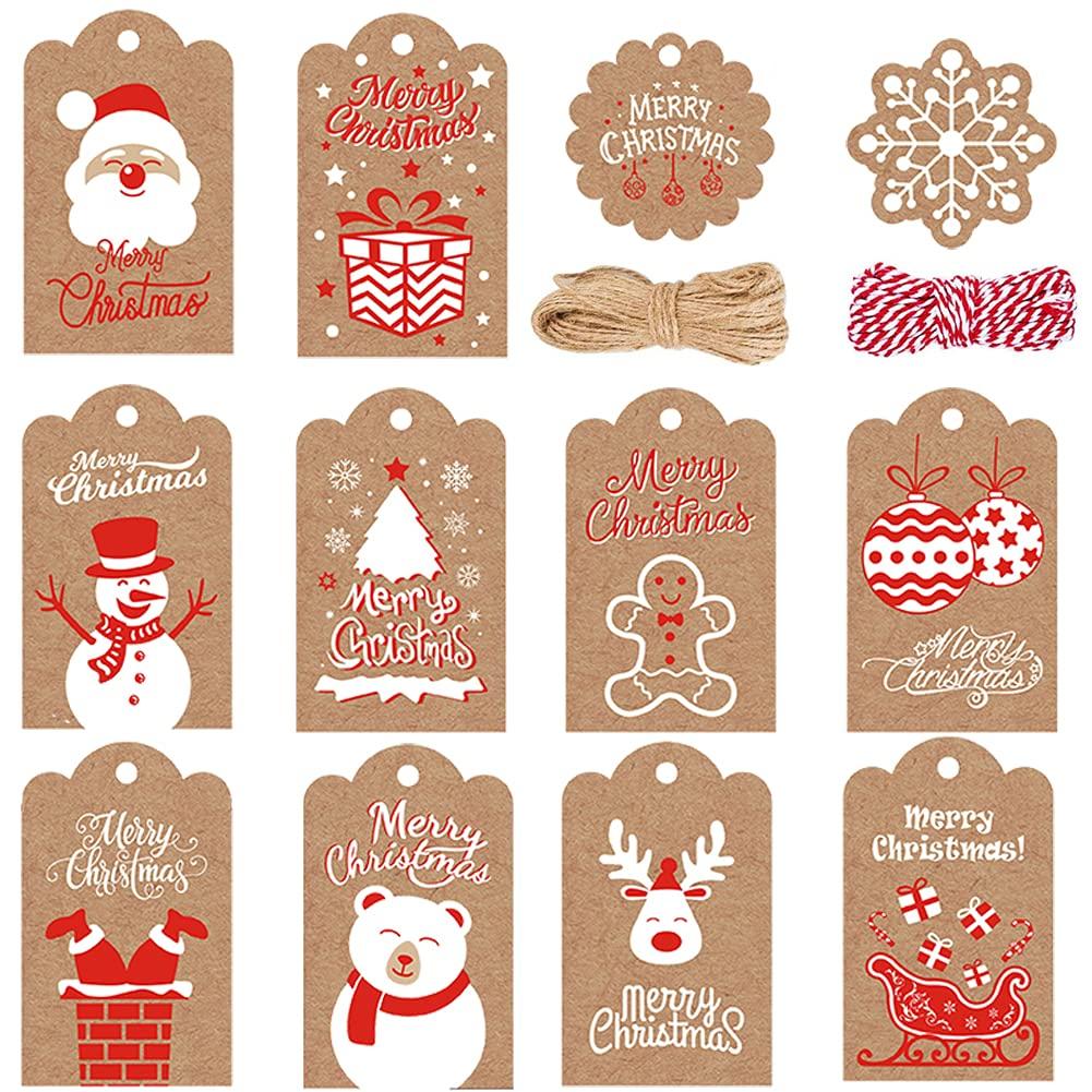 TrlaFy 120PCS Christmas Gift Tags Brown Kraft Paper Christmas Gift Tags Hanging Name Tags Labels with Twine String for Christmas Gift Wrap, DIY Arts and Crafts, Wedding