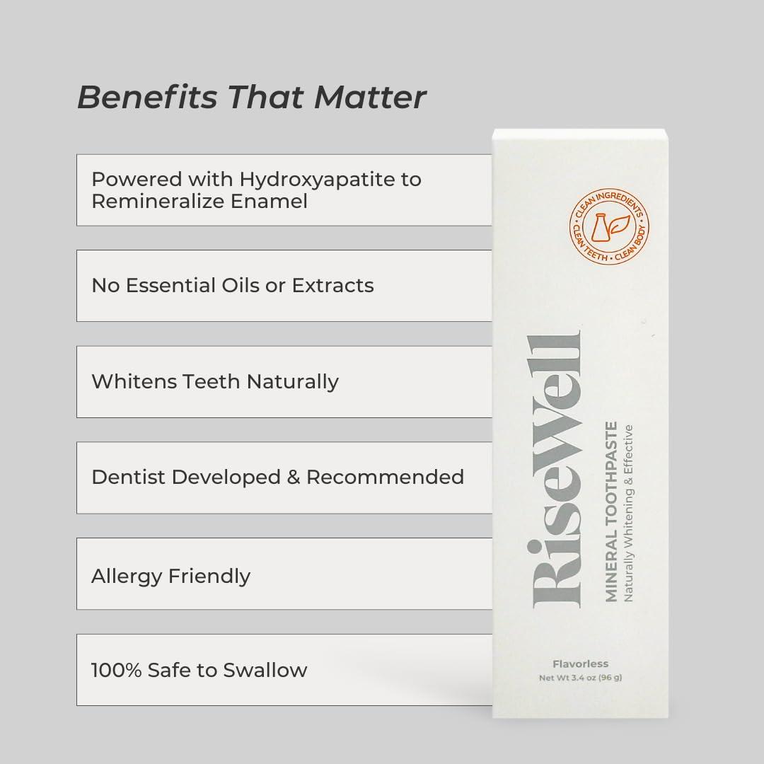 RiseWell RiseWell Mineral Unflavored Toothpaste - Hydroxyapatite Flavorless Toothpaste - Made in The USA, Naturally Whitens, No Added Fluoride, SLS-Free - Made by Dentist, 3.4 Oz