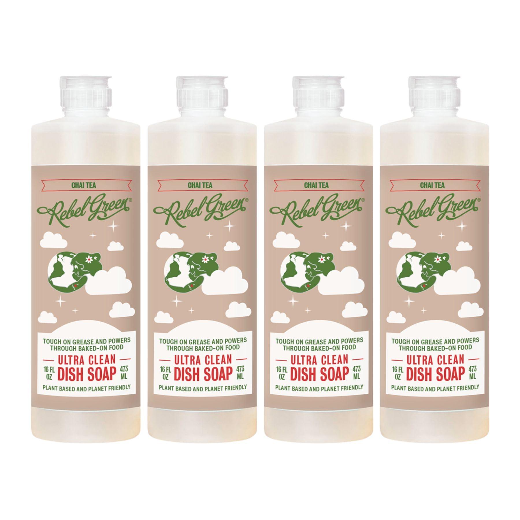Rebel Green Rebel Green Super Deluxe Dish Soap - Natural Dishwashing Soap - Liquid Dish Detergent - Sustainable Dish Liquid Scented with Chai Tea - (16 oz Bottles, 4 Pack)