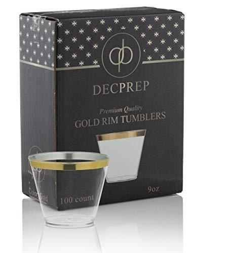 DECPREP Gold Rimmed Clear Cups 9 oz. | Old Fashioned Tumblers | Elegant Plastic Party Cups | Fancy Disposable Wedding Cups | Heavy Duty Gold Rimmed Cups (100 ct)