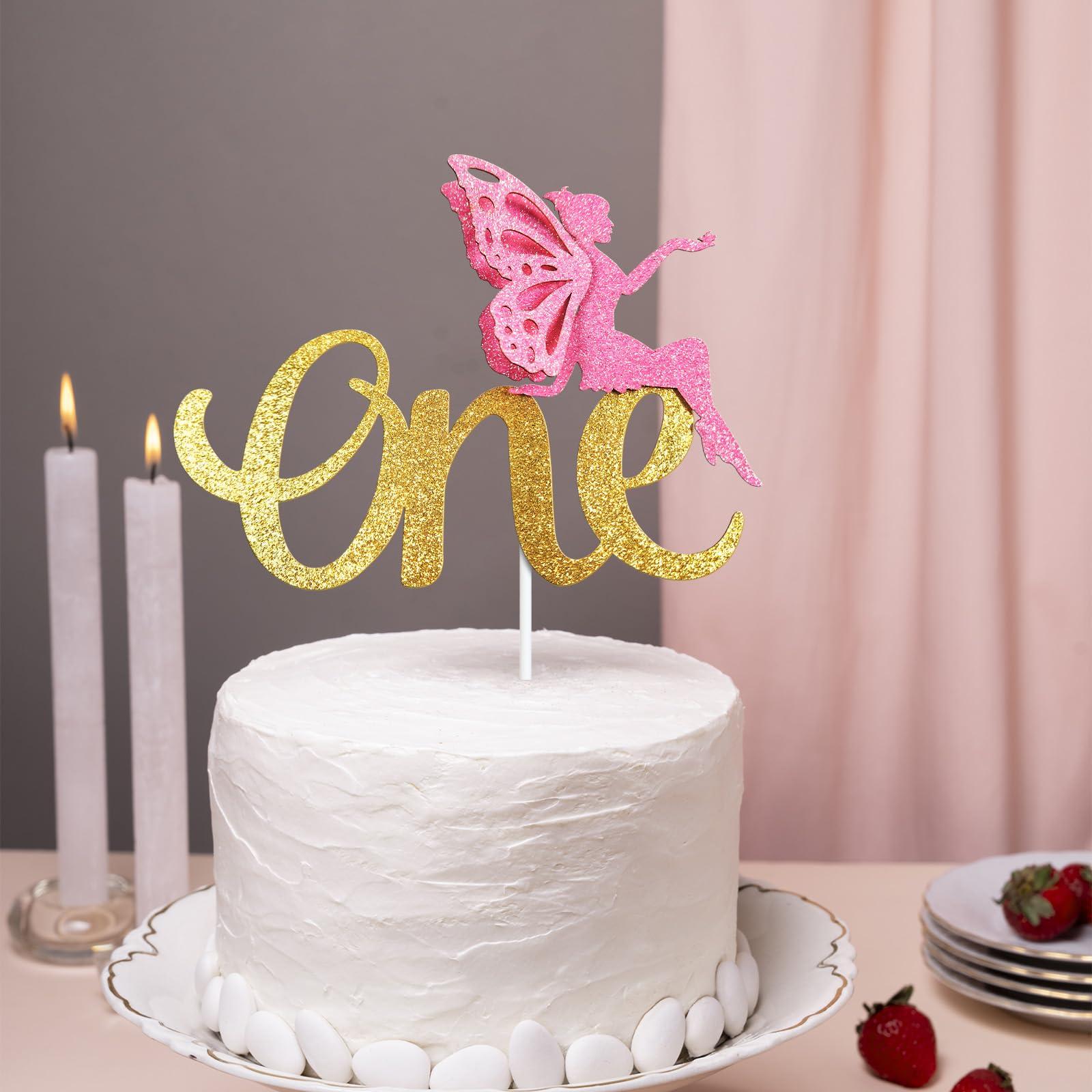 Firefairy One Cake Topper, Fairy First Birthday Cake Topper, Fairy Themed First Birthday Cake Decor, First Birthday Cake Picks for Baby Girl, Gold Pink Glitter