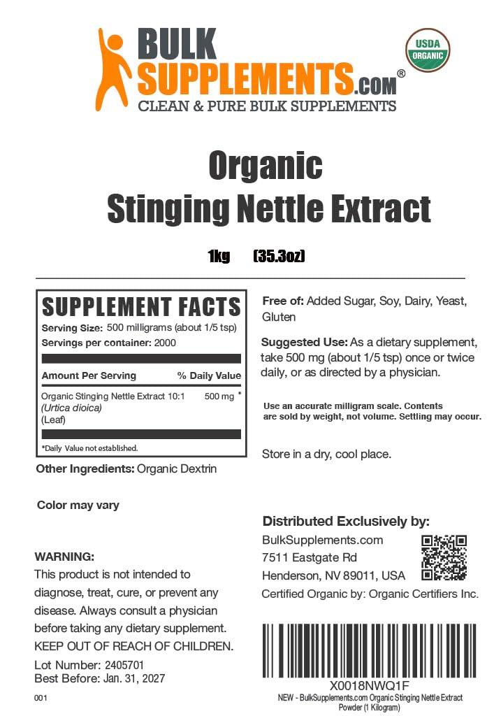 BulkSupplements BulkSupplements.com Organic Stinging Nettle Extract - from Stinging Nettle Leaf, Nettle Supplement - Vegan & Gluten Free, 500mg per Serving, 1kg (2.2 lbs) (Pack of 1)